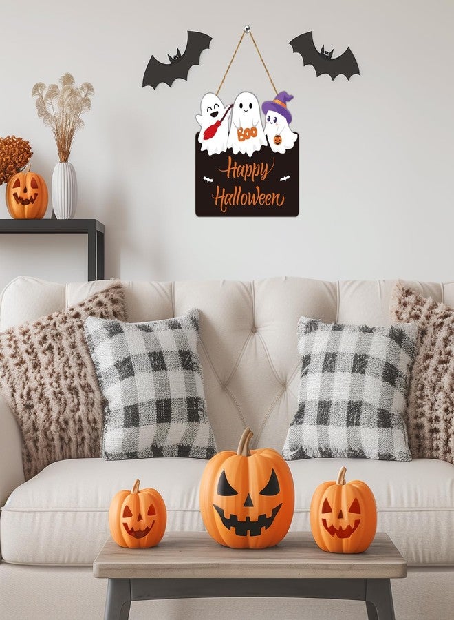 YUNKKIN Halloween Door Decorations Cute Ghost Decor Wreath Happy Halloween Sign Wooden Front Door Hanger Bat Ghost Hanging Sign Wreath for Wall Indoor Home Decor - Image 5